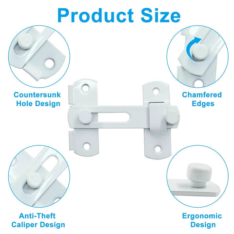 Two Pack Flip Latch Lock Set 3.94 Inch By 2.77 Inch White Stainless Steel Barn Door Latches with ergonomic and anti-theft design features.