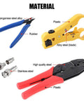 Pro Grade Coaxial BNC Crimping Tool Kit With RG59 Coax Connector And Round And Flat UTP Wire Stripper And Cable Cutter materials
