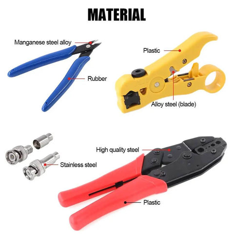 Pro Grade Coaxial BNC Crimping Tool Kit With RG59 Coax Connector And Round And Flat UTP Wire Stripper And Cable Cutter materials