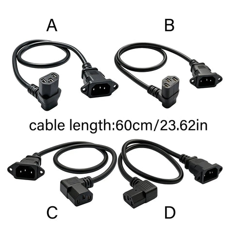 IEC C14 To C13 Power Extension Cable, Right Angle C90 Design, 60 Cm Panel Mount Cord, Solid Copper Core, Smooth Rig Routing, knockout solution.