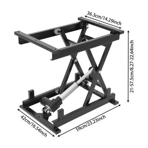 Heavy Duty Electric Lift Table With 250 Lb Capacity Single Scissor Design Foldable Hydraulic Platform Includes Remote Control dimensions displayed.