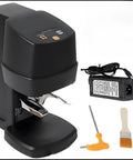 Automatic 58mm Electric Coffee Tamper With Adjustable Height And Solid 22 To 66 Lbs Pressure For Nailed Down Espresso Shots At Home Or Neighborhood Cafe, black design, includes charger and tools.