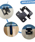 Front view of six-piece black iron cabinet door hinges, self-closing inset hinges for furniture and outdoor buildings.