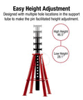 Sunex 1410 10-Ton pin-type jack stand; red base with black adjustable post, height 28.1–46.5 inches.