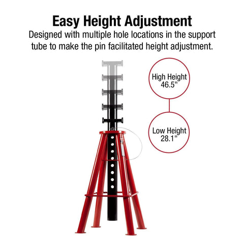 Sunex 1410 10-Ton pin-type jack stand; red base with black adjustable post, height 28.1–46.5 inches.