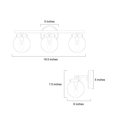 Diagram of Gold Vanity Light Fixture For Bathroom with Clear Glass Shades, showing dimensions: 19.5" L x 6" W x 7.5" H.