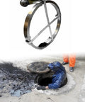 Badass Manual Drain Snake With Thick Steel Cable Auger For Nasty Main Line Clogs And Sewer Pipe Blockage Unclogging Tool 20 Meter Long Commercial Kitchen Gutbuster near manhole with worker preparing to clear blockage.