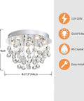 Six-Light Modern Crystal Chandelier With K9 Crystals, Flush Mount Ceiling Fixture, raindrop style diagram with dimensions 13 in tall by 20 in wide.
