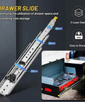 Beefy Heavy Duty 500 Lb Locking Drawer Slides With Full Extension Runners, Industrial Grade Steel Sliding Hardware For Tool Cabinets And Truck Bed Setups, Rugged Drawers That Glide Smoothly And Lock Tight For Hardcore Use. 3-layer steel drawer slide with truck bed storage setup
