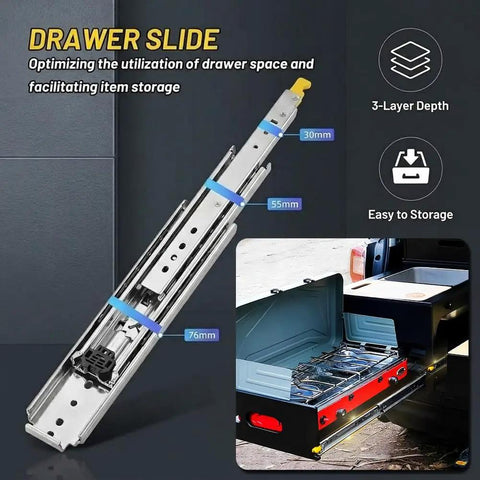 Beefy Heavy Duty 500 Lb Locking Drawer Slides With Full Extension Runners, Industrial Grade Steel Sliding Hardware For Tool Cabinets And Truck Bed Setups, Rugged Drawers That Glide Smoothly And Lock Tight For Hardcore Use. 3-layer steel drawer slide with truck bed storage setup