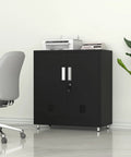 Black compact locking metal storage cabinet with adjustable shelves in office setting, featuring modern design and secure lock.