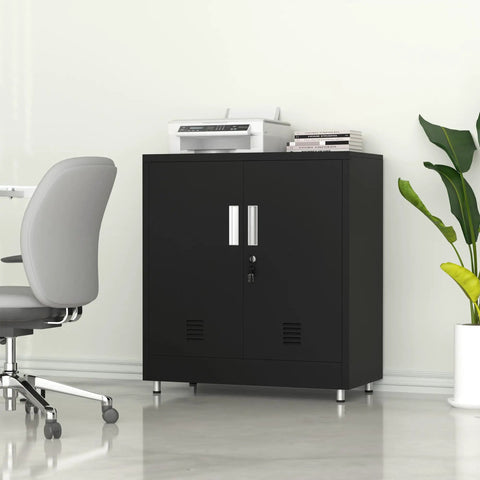 Black compact locking metal storage cabinet with adjustable shelves in office setting, featuring modern design and secure lock.