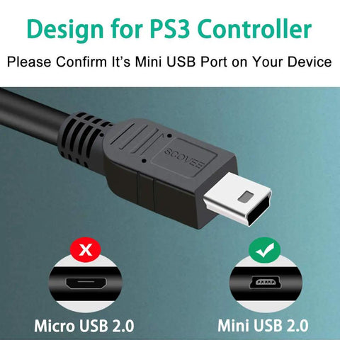 Two Pack 10 Foot PS3 Controller Charger Cable for Sony PlayStation 3 Mini USB plug showing compatibility with DualShock 3.