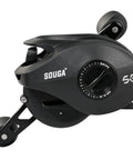 Heavy Duty Wide Frame Baitcasting Reel With Adjustable Ten Magnet Brake And Forty Pound Max Drag, shown from side angle.