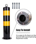 Heavy Duty Traffic Safety Bollards Constructed Tough With Vivid Reflective Tape For Driveway Barriers And City Streets Premium Steel Warning Stakes Secure Mounting Set with installation bolts shown.