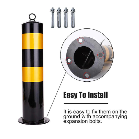Heavy Duty Traffic Safety Bollards Constructed Tough With Vivid Reflective Tape For Driveway Barriers And City Streets Premium Steel Warning Stakes Secure Mounting Set with installation bolts shown.