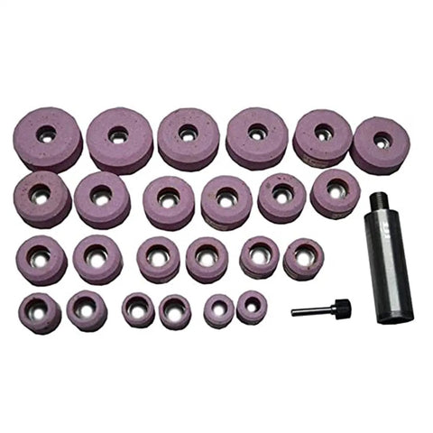 Sioux Valve Seat Pink Grinding Wheels Set 24 Pc Aluminum Oxide 80 Grit Coated Wheels For Valve Seats Stone Holder Star Drive Eleven Sixteenth Inch For DIYers And Pro Shops displayed in a grid layout.