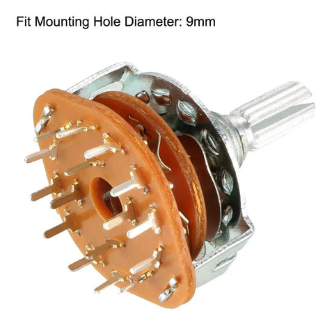 Band Selector Rotary Switch 16 Pin 4 Pole 3 Position Single Deck 2 Pack For Radio TV And Industrial Control Units With 9mm Thread And 6mm Shaft 14mm Shaft Length Silver front view