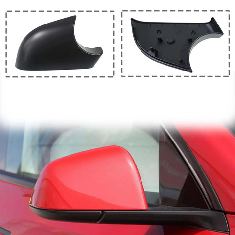 Shop Spec Right Side Mirror Lower Cover Shell For Tesla Model Y 2020 To 2023 Black Aftermarket Replacement Wing Mirror Cap Trim Upgrade Hella Smooth Road Shield displayed with red car.