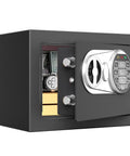 Compact Digital Home Safe With Keypad And Emergency Key, Mini 0.3 Cu Ft Stash Box displaying open door with cash and jewelry inside