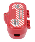 Heavy Duty Plug Lockout Box With Self Cylinder Design, Pro Grade PA And ABS Construction, top view showing warning label.