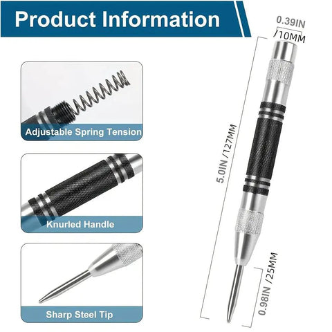 Built Tough Chrome Steel Center Punch Double Pack Adjustable Spring Loaded Hole Marker Scriber with knurled handle and sharp tip.