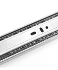 Heavy Duty Stainless Steel Drawer Slides Featuring Dang Smooth Soft Close System Over Three Section Full Extension Tracks close-up of metal track.