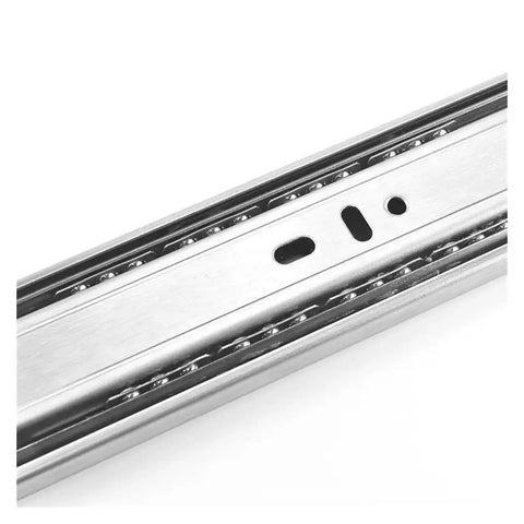 Heavy Duty Stainless Steel Drawer Slides Featuring Dang Smooth Soft Close System Over Three Section Full Extension Tracks close-up of metal track.