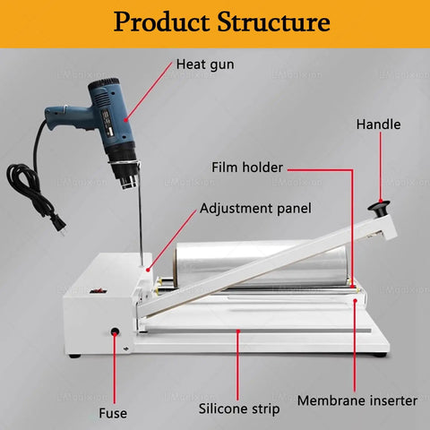 Image of GFJYKDL 1800W Adjustable Heat Shrink Wrap Machine, showing heat gun, film holder, adjustment panel, and silicone strip.