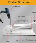 2-In-1 Heat Shrink Sealer And Shrink Wrap Machine Adjustable Temp 1-9 with heat gun, film holder, adjustment panel, and silicone strip.
