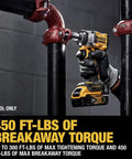 Premium 20 Volt Cordless Impact Wrench equipped with 1/2 inch detent pin anvil in use on pipes delivering 450 ft-lbs torque.