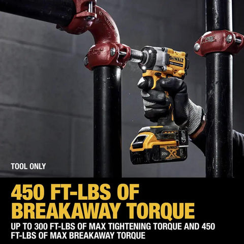 Premium 20 Volt Cordless Impact Wrench equipped with 1/2 inch detent pin anvil in use on pipes delivering 450 ft-lbs torque.