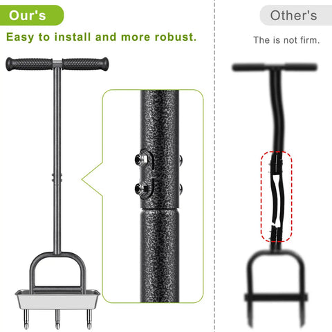 Comparison of pre assembled manual lawn aerator with three stainless steel core plugs and competitor's product.