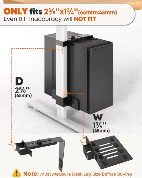 Under Desk Computer Mount For Standing Desks Clamp On PC Holder with dimensions 2.5 inches x 1.75 inches, showing installation guide.