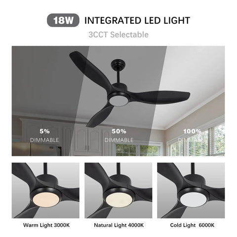 Black Boss 52 Inch Ceiling Fan With Remote And Light Dimmable 22W LED Light DC Motor 6 Speed Reversible Indoor Outdoor, 3CCT light options