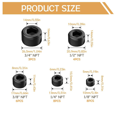 Rugged 29 Piece Pipe Plug Fitting Set Black Carbon Steel For 1/8 1/4 3/8 1/2 3/4 NPT, DIY Pro Grade Assortment.