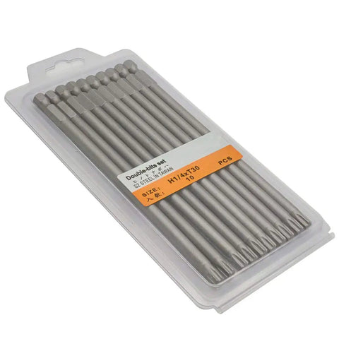 Top Drawer S2 Steel T25 Torx Screwdriver Bit Set, Built Like A Tank With Quick Release Slot, Magnetic Tamper Proof Stars And 1/4 Hex Shank For Standard Drills And Impact Drivers in clear packaging showing 10 pieces.