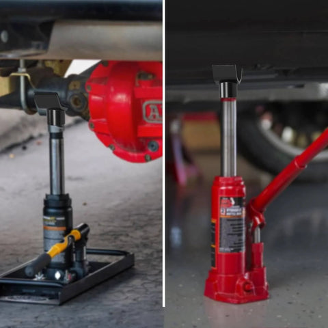 Universal 12 Ton Bottle Jack Adapter for Round and Square Tubes Fits 2 Inch 3 Inch and 4 Inch Jacks displayed during use