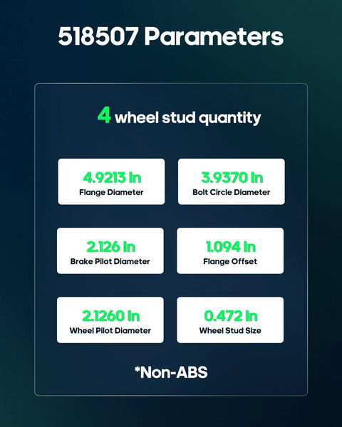 Specifications for front wheel bearing and hub assembly 4-lug no ABS OE 518507 replacement dimensions and parameters chart