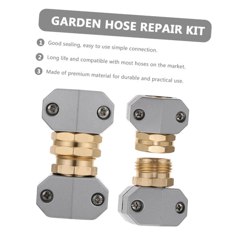 Grab This Top Pick Rustproof Garden Hose Repair Kit Featuring Three Heavy Duty Aluminum Alloy Connectors That Stand Up To High Pressure For Drip Free Outdoor Watering And Car Washing Tasks Today. Two gray brass and aluminum hose connectors shown on white background