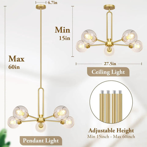 Gold Globe Giant Pendant Chandelier 5 Light Sputnik Ceiling Fixture With adjustable rod height illustration