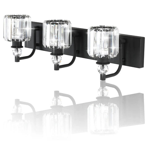 Three Light Black Crystal Vanity Lights for Bathroom Over Mirror, Sleek Matte Black Modern Bath Wall Fixtures with E26 Socket
