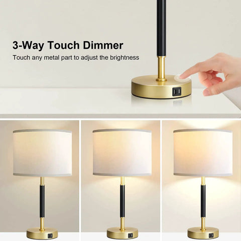 Touch Control Table Lamp Set Of 2 Gold Finish Lamps With Dual USB Ports And AC Outlet, 3 Way Dimmable shown in use