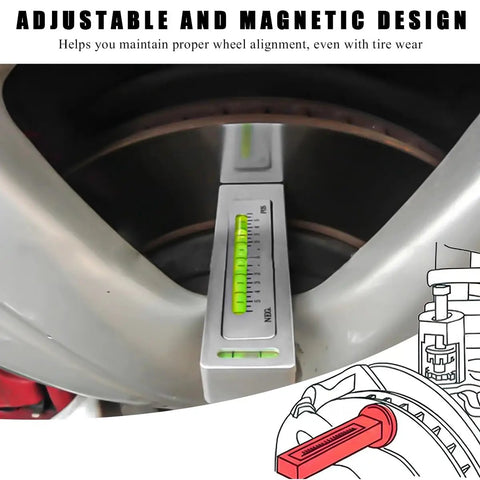 Adjustable Magnetic Camber Caster Gauge Tool Dead Nuts Accurate Wheel Alignment Aid for Tire And Suspension Work Universal Fit For Cars Trucks And Rv Gray positioned on a wheel for alignment measurement.