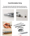 Collage of Graph Gear 1000 Mechanical Drafting Pencil 0.4mm Set With HB And 2B Leads showing metal grip, tip, and brand logo.