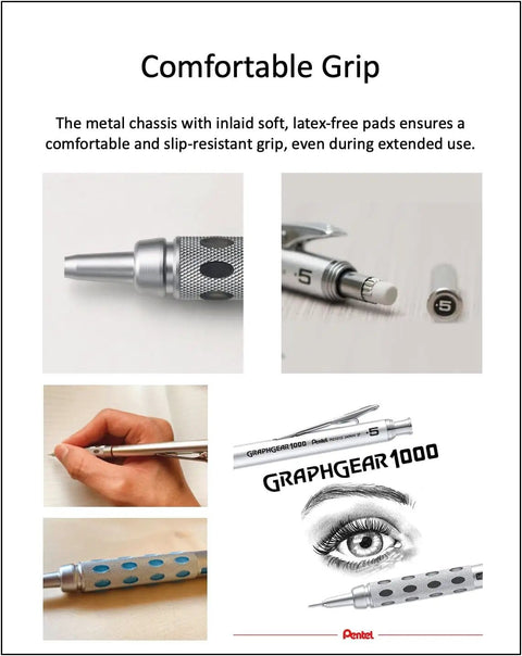 Collage of Graph Gear 1000 Mechanical Drafting Pencil 0.4mm Set With HB And 2B Leads showing metal grip, tip, and brand logo.