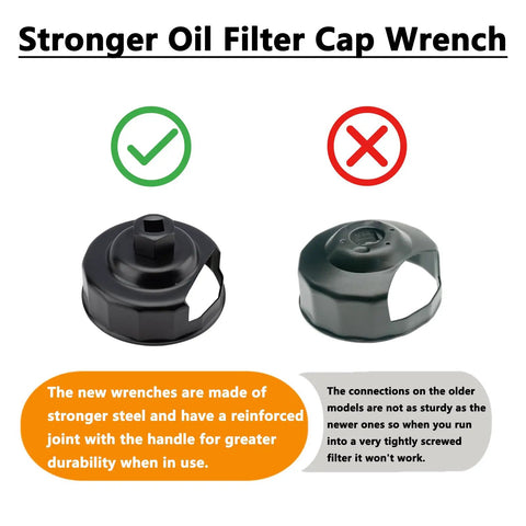 Comparing two types of oil filter cap wrenches, featuring a stronger model from the Oil Change Kit For Harley With Heavy Duty Filter Cap Wrench Crankcase Fill Tool Primary Case Oil Funnel Drip Free Oil Filter Tool And 30 Pcs Drain Plug O Rings Bundle.
