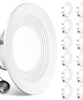12 Pack 4 Inch LED Can Lights Retrofit Recessed Downlights With Baffle Trim Dimmable 8.5W Equivalent To 60W 3000K Warm White 650 Lumens Damp Rated No Flicker Easy Install No Fuss Recessed Can Lighting, showing round white downlight with baffle trim and attached socket adapter on left, group view lower right
