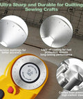 Close-up of 45mm Rotary Cutter Blades Set 10 Pack Replacement Blades For Fabric And Leather with precision markings and steel details.
