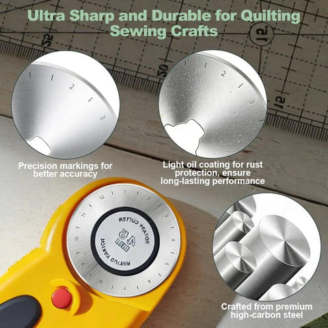 Close-up of 45mm Rotary Cutter Blades Set 10 Pack Replacement Blades For Fabric And Leather with precision markings and steel details.